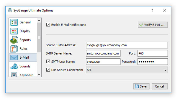 SysGauge E-Mail Notifications Options